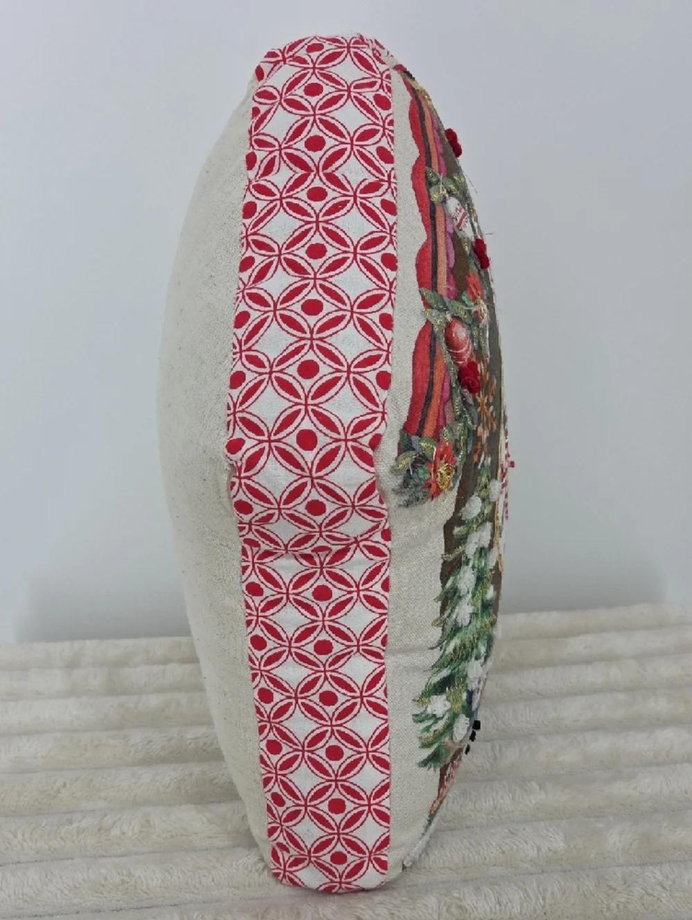Embroidered Holiday House Pillow with Robin & Festive Motifs - Brown/Green